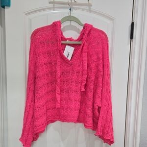 POL Hot Pink V-Neck Hooded Open-Knit Sweater